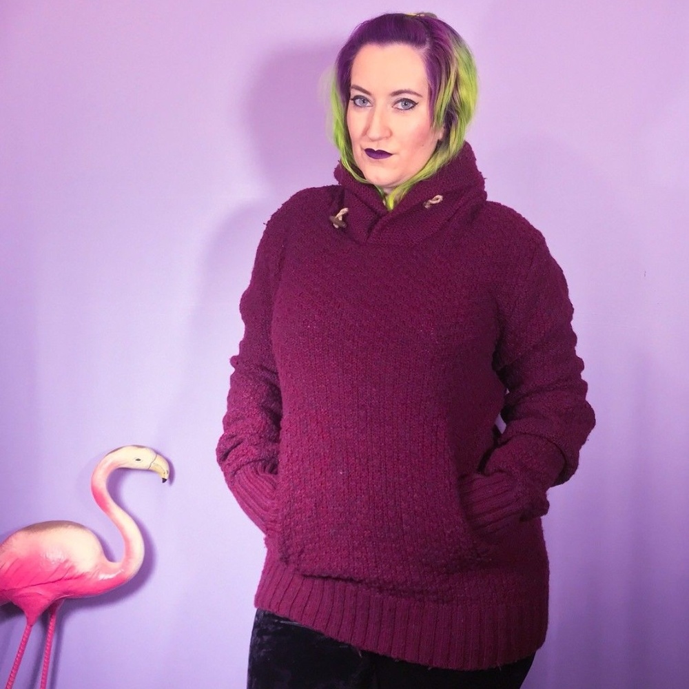 Navy Blue Wool Blend Cowl Kangaroo Pocket Sweater